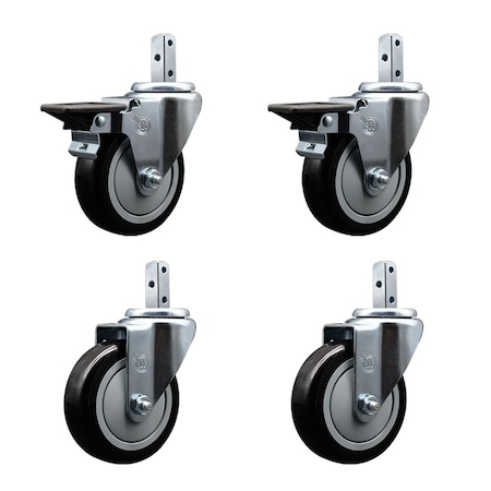 Service Caster 4'' Black Polyurethane Wheel Swivel 7/8'' Square Stem Caster Set 2 Brakes, 4PK SCC-SQ20S414-PPUB-BLK-PLB-78-2-S-2